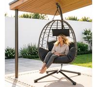 Fauteuil suspendu avec support, coussin et appui-tête imperméables, hamac lounge avec housse de pluie pour jardin intérieur, terrasse, balcon Grey Cushion