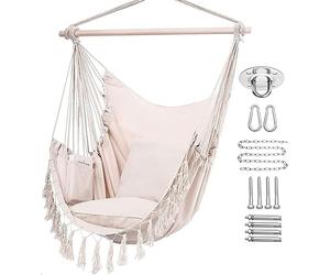 Fauteuil suspendu blanc Silecomplaza, fauteuil à suspendre, fauteuil en macramé, en coton, avec sac de transport et deux coussins moelleux, idéal pour la chambre, à l'intérieur comme à l'extérieur