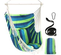 Fauteuil suspendu bleu/vert rayé, avec 2 coussins, structure en acier, portable, pour intérieur et extérieur