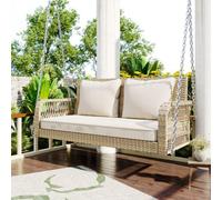Fauteuil suspendu de jardin, chaise longue de jardin, ensemble de mobilier de jardin d'extérieur, rotin gris, coussins d'assise beiges, 2 places, avec coussins d'assise et de dossier, amovibles et lav