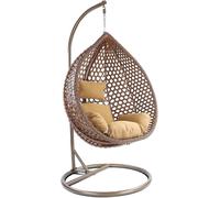 Fauteuil suspendu de luxe, style XXL, en osier tressé, structure en bois couleur marron, avec coussin de relaxation marron