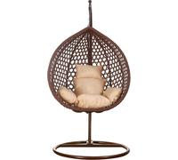 Fauteuil suspendu de luxe, style XXL, en rotin, avec structure en bois couleur marron, et coussin de relaxation beige