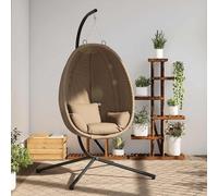 Fauteuil suspendu design "œuf", avec support, couleur taupe, en rotin et acier, idéal pour le jardin, la terrasse ou tout espace extérieur. Offre un moment de détente grâce à ses coussins confortables