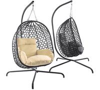 Fauteuil suspendu Dimono avec structure en polyrotin beige, fauteuil suspendu, chaise longue flottante, fauteuil de détente d'intérieur et d'extérieur pouvant supporter jusqu'à 120 kg, pour le jardin