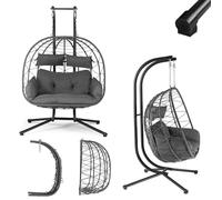 Fauteuil Suspendu Double Aria de Juskys - Fauteuil Suspendu en polyrotin avec Support & Coussins - balancelle pour Deux Personnes - Fauteuil d'extérieur/d'intérieur - Panier XXL Gris
