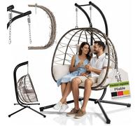 Fauteuil Suspendu Double Aria de Juskys - Fauteuil Suspendu en polyrotin avec Support & Coussins - balancelle pour Deux Personnes - Fauteuil d'extérieur/d'intérieur - Panier XXL Beige