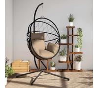 Fauteuil suspendu en forme d'œuf avec structure en acier et rotin, autonome, avec coussin rembourré amovible taupe, 104 x 100 x 197 cm, idéal pour jardin, terrasse, balcon, détente en plein air