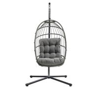 Fauteuil suspendu en rotin gris, balancelle de jardin, pliable, coussin de 15 cm, structure en acier, capacité de charge de 150 kg, pour l'extérieur et l'intérieur, terrasse, balcon, résistant aux UV,