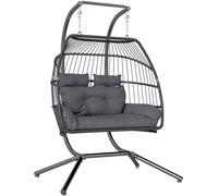 Fauteuil suspendu, fauteuil en osier pliable avec coussin, structure en acier, pour l'intérieur et l'extérieur, charge maximale de 260 kg, gris foncé