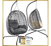 Fauteuil suspendu haut de gamme avec structure et coussins gris | Fauteuil suspendu d'intérieur et d'extérieur | Fauteuil suspendu en polyrotin | Supporte jusqu'à 120 kg