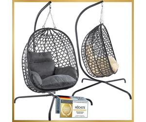 Fauteuil suspendu haut de gamme avec structure et coussins gris | Fauteuil suspendu d'intérieur et d'extérieur | Fauteuil suspendu en polyrotin | Supporte jusqu'à 120 kg