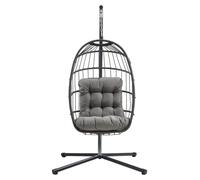 Fauteuil suspendu noir en rotin, balancelle de jardin, pliable, coussin de 15 cm, structure en acier, capacité de charge de 150 kg, pour l'extérieur et l'intérieur, terrasse, balcon, résistant aux UV,