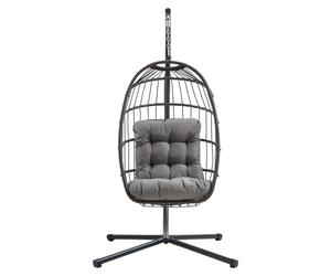 Fauteuil suspendu noir en rotin, balancelle de jardin, pliable, coussin de 15 cm, structure en acier, capacité de charge de 150 kg, pour l'extérieur et l'intérieur, terrasse, balcon, résistant aux UV,