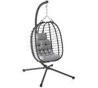 Outsunny Fauteuil Suspendu Pliable en résine tressée avec Support, Fauteuil Oeuf Suspendu, Chaise hamac balançoire, Coussin et Oreiller, Hauteur réglable, Cadre en Acier, intérieur et extérieur, Gris