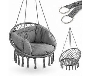 Fauteuil suspendu pour enfant, gris | Macramé avec coussin. Fauteuil suspendu rond en coton, style bohème. Assise suspendue avec des anneaux métalliques robustes, idéale pour une chambre d'enfant, un
