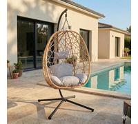 Fauteuil Suspendu Résine Tressée CUZCO avec Support | Effet rotin naturel, coussin déperlant amovible, structure acier, charge max 130 kg.
