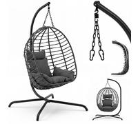 Fauteuil suspendu Sekey avec structure, panier suspendu, fauteuil en rotin, hamac pliable utilisable comme balançoire, pour intérieur et extérieur, jardin, balcon, supportant jusqu'à 150 kg, avec cous