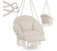 Fauteuil suspendu - TECTAKE - Siège suspendu SAMIRA avec cordes, coussins, pompons et maintiens solides, 80 x 81 x 139 cm - Beige