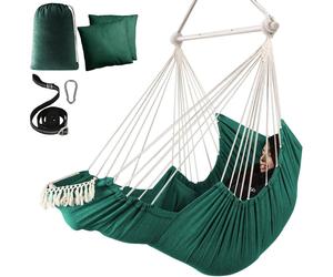Fauteuil suspendu vert foncé, avec 2 coussins et repose-pieds, en tissu de coton, supportant un poids maximal de 227 kg