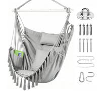 Fauteuil suspendu - XXL 150 x 130 cm - Coton - Gris - 2 coussins d'assise et 1 coussin de nuque - Pour chambre et terrasse - Avec pochette latérale