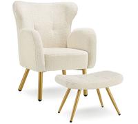 Fauteuil - TECTAKE - Fauteuil avec repose-pieds, VÄNERSBORG, Bouclé, Rembourrage épais, Dossier haut - Bou rème/or