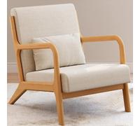IDMarket – Fauteuil scandinave JOSEPH en tissu beige, accoudoirs et pieds bois