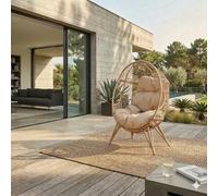 Fauteuil Œuf JANE Beige Résine Tressée sur Pied 155 cm | Grand coussin déperlant, structure acier, terrasse jardin ou salon