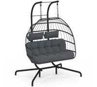 Fauteuil ?uf Suspendu Ajouré 2 Places Effet Rotin Gris Avec Coussin Gris