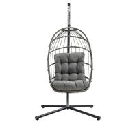 Fauteuil suspendu en rotin gris, balancelle de jardin, pliable, coussin de 15 cm, structure en acier, capacité de charge de 150 kg, pour l'extérieur et l'intérieur, terrasse, balcon, résistant aux UV,