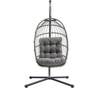 Fauteuil suspendu en rotin gris, balancelle de jardin, pliable, coussin de 15 cm, structure en acier, capacité de charge de 150 kg, pour l'extérieur et l'intérieur, terrasse, balcon, résistant aux UV,