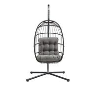 Fauteuil suspendu noir en rotin, balancelle de jardin, pliable, coussin de 15 cm, structure en acier, capacité de charge de 150 kg, pour l'extérieur et l'intérieur, terrasse, balcon, résistant aux UV,