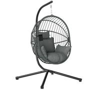 Fauteuil œuf suspendu - Outsunny - intérieur et extérieur - panier pliable - coussin rembourré - poche - cadre en acier - gris
