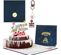 FAYAHAR Carte d'anniversaire Pop-up, 3D Carte d'anniversaire Pop-up Double Couches Gâteau avec Enveloppe et Porte-clés en Forme de Gâteau, pour Fille Garçon (Bleu)