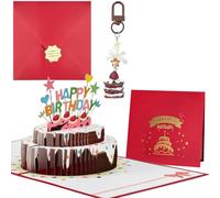 FAYAHAR Carte d'anniversaire Pop-up, 3D Carte d'anniversaire Pop-up Double Couches Gâteau avec Enveloppe et Porte-clés en Forme de Gâteau, pour Fille Garçon (Rouge)