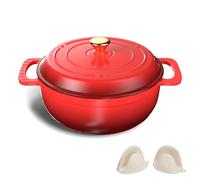 FCH Casserole en fonte 26 cm - 6QT-5,5 L Cocotte en émail avec couvercle, adaptée au four - pour la cuisine, la cuisson au four, les plats mijotés et les rôtis (rouge)