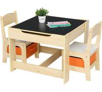 FCH Ensemble de salon pour enfants 3 pièces Table pour enfants avec 2 chaises, espace de rangement, avec tableau à craies et tableau blanc, naturel