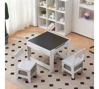 FCH Ensemble de salon pour enfants 3pcs Table pour enfants avec 2 chaises, espace de rangement, avec tableau à craies et tableau blanc, 61.50x61.50x48.50cm,Gris