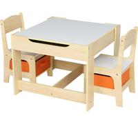 FCH Table pour enfants avec deux chaises et deux sacs de rangement, 61,5*61,5*48 cm, MDF, couleur bois
