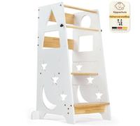 FCH Tour d'Apprentissage Pour Enfants, Tour d'Apprentissage Montessori,Tabouret Pour Enfants, une pièce, 40×45×90cm, bois de sapin + MDF, motif lune et étoile, blanc