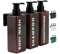 FCINNOVA Distributeur Shampoing et Gel Douche Mural Ambre Lot de 3 x 500 ml | Distributeur de savon mural douche et salle de bain - flacons pompe rechargeables, entonnoir, étiquettes résistantes à l'eau