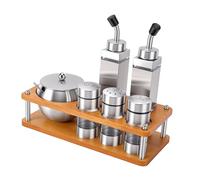 Fdit Ensemble de Pots D'assaisonnement en Acier Inoxydable 6 Pièces, Récipients à épices Hermétiques avec Support en Bois, Bouteilles de Salière et Poivrière pour le Rangement du