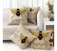 Fdit Housse de Coussin Décorative en Forme d'abeille, 18x18 Pouces, Housse de Coussin en Lin, Motif Vintage, Décoration de canapé de Maison avec Fermeture éclair Cachée (Figure 4)