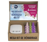 Febreze Désodorisant Électrique, Kit de Démarrage (1 Diffuseur + 4 Recharges de 20ml + 3 Parfums en Alternance), Parfum Fleur de Lys, Combat les Odeurs en Continu, Fraîcheur Jusqu'à 90 Jours
