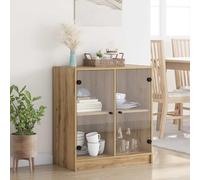 Fecpoo Armoire latérale avec 2 portes en verre - Chêne Artisan - 68 x 37 x 75,5 cm - Buffet moderne pour salon et salle à manger
