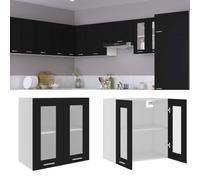 Fecpoo Armoire suspendue en verre Lyon - Noir - 60 x 31 x 60 cm - En bois - Avec deux portes et deux étagères - Étagère de cuisine pour vaisselle et ustensiles de cuisine