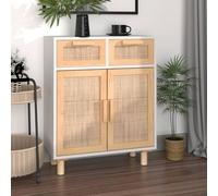 Fecpoo Buffet blanc 60 x 30 x 75 cm avec 2 tiroirs et 2 compartiments - Matériau bois, rotin naturel, pieds en bois de pin - Pour un rangement organisé dans le salon