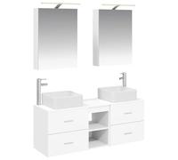Fecpoo Ensemble de meubles de salle de bain 5 pièces Blanc 50 x 14,5 x 70 cm Montage mural LED USB | Porte réversible, miroir double face, bois d'ingénierie et verre, sécurité 5 V/5 W