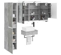 Fecpoo Ensemble de meubles de salle de bain 5 pièces Gris béton bois/verre | Montage mural avec miroir double face, porte réversible, entretien facile