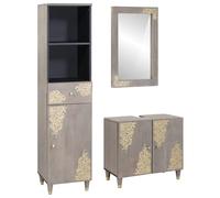 Fecpoo Lot de 3 armoires de salle de bain murales en bois massif de mangue, gris, 62 x 33 x 58 cm + 38 x 33,5 x 160 cm + 50 x 70 cm, pour petites salles de bain
