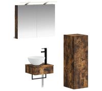 Fecpoo Lot de 4 armoires de salle de bain Chêne fumé 40 x 10,5 x 60,5 cm | Montage mural, matériau en bois résistant à l'humidité, éclairage de miroir LED, 11 compartiments